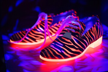 zebra print shoes illuminated with neon light
