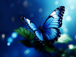 beautiful blue butterfly on green plant and ethereal blue bokeh background like romantic nature and spiritual transformation concept 