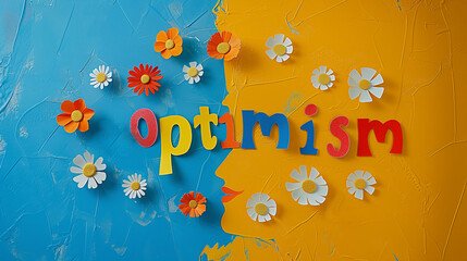 Fototapeta na wymiar hand made craftef paper with word optimism, positive message, good vibes, yellow, colorfull, flowers