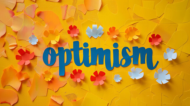 hand made craftef paper with word optimism, positive message, good vibes, yellow, colorfull, flowers