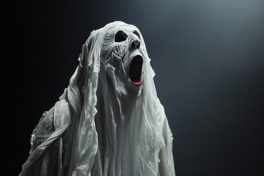 Halloween horror white undead ghost screaming on black background