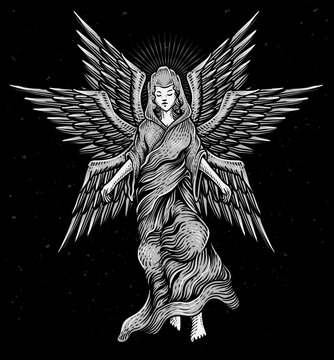 illustration seraphim angel antique engraving style on black background