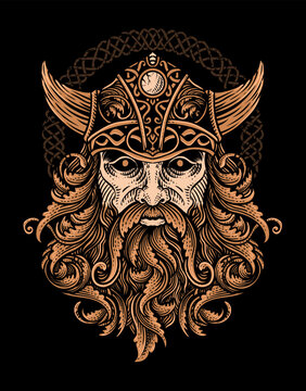 Isolated viking head with engraving ornament hair, T shirt design, Tattoo design, vector illustration