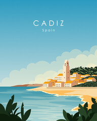Fototapeta premium Cadiz Spain travel poster, vertical banner, postcard