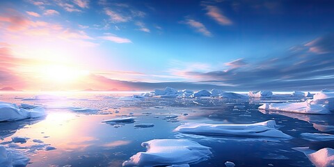 Polar north arctic ice frozen sea ocean water winter background landscape at sunny day view
