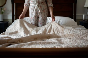 person in pajamas turning down a bedspread for the night - obrazy, fototapety, plakaty