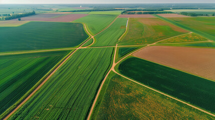 Drone Shot of Spring Season Crop Fields and Dirt Roads. Colorful Aerial View of Farmland, Celebrating Earth Day