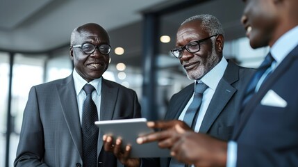 Happy business professionals collaborating on work using tablet in modern office space.