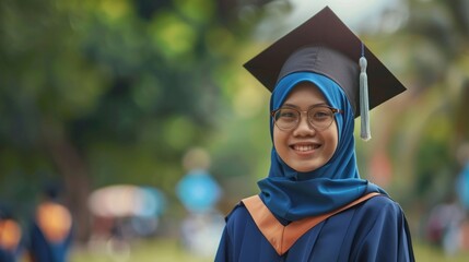 Celebrate academic achievement and cultural diversity with an image of a smiling Malay woman graduate in graduation attire. Generative AI technology
