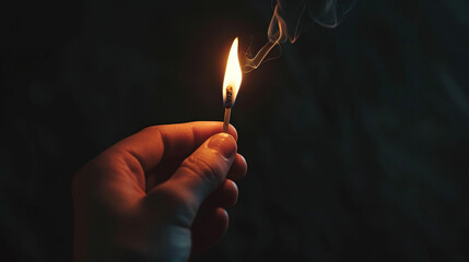 hand holding burning match with the flame on black background. Made with generative ai