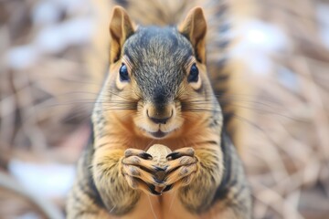 closeup of squirrel holding peanut in paws