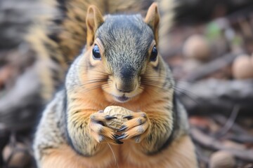 closeup of squirrel holding peanut in paws