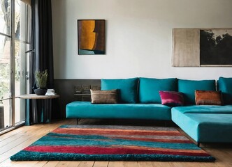 modern lounge with multi colour rug, teal cushions and wooden floor. 