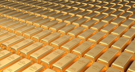 Fototapeta premium Gold bars. Stacked gold bars. Stack of one kilogram gold bars. Gold bars in bank vault. 3D rendering