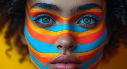 Portrait of a girl with body art face with extravagant blue color and fashionable orange glasses, Concept: bold and expressive fashionable image of individuality and modernity