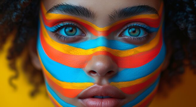 Portrait of a girl with body art face with extravagant blue color and fashionable orange glasses, Concept: bold and expressive fashionable image of individuality and modernity