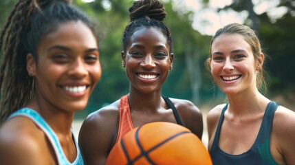 Female basketball team women athletes group together multicultural sportswomen active healthy lifestyle girls students training
