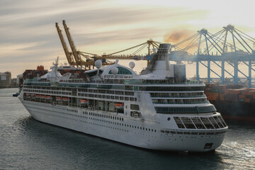 Royal cruiseship cruise ship liner Enchantment departure from port of Barcelona, Spain for...