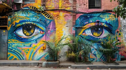 Obraz na płótnie Canvas Vibrant Street Art of Eyes Mural on Urban Wall. A colorful street art mural of human eyes adorns an urban wall, adding a vibrant touch to the city's visual landscape.