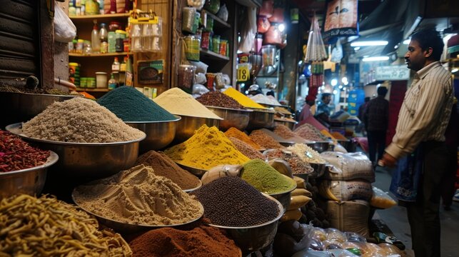 Colorful Spice Market in Traditional Indian Bazaar. A vibrant display of spices at a traditional Indian market, with a vendor overseeing an array of colorful spice mounds.