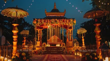 Elegant Indian Wedding Mandap at Dusk. A beautifully decorated Indian wedding mandap set up at dusk, illuminated by fairy lights and traditional oil lamps, ready for the ceremony.