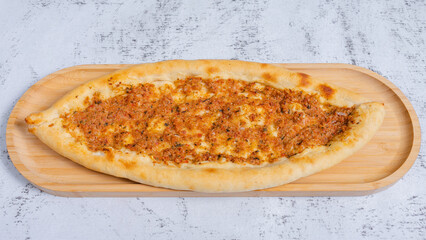 Turkish meat pide top view isolated