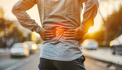 Man with back pain after exercising in park, copy space for text, muscle injury concept