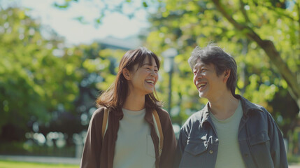Obraz premium 日本人の若いカップルが新緑のきれいな公園を散歩している仲睦まじい様子