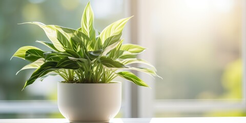 Fototapeta na wymiar Home house plant flower in vase on window stand. Many sun light indoor deocration interior cozu design scene