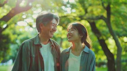 Fototapeta premium 50代の日本人夫婦が新緑のきれいな公園を散歩している仲睦まじい様子