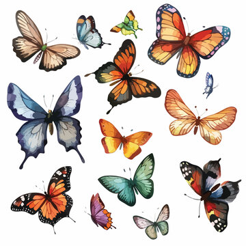 Collection watercolor of flying butterflies. isol