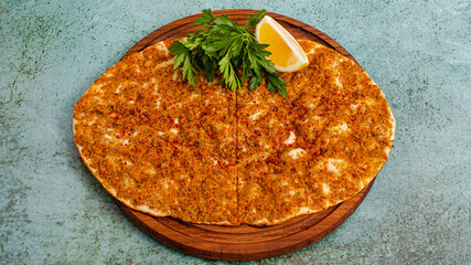 Turkish lahmacun top view isolated