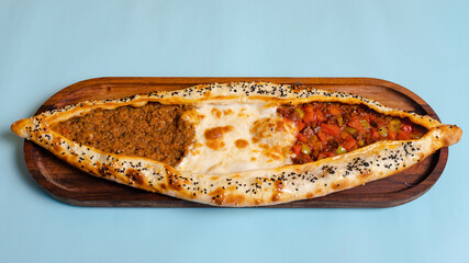 Turkish mixed pide top view isolated