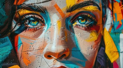 Vibrant Street Art of a Woman's Face. Close-up of a colorful graffiti mural depicting a woman's face, showcasing expressive eyes and vibrant street art aesthetics.