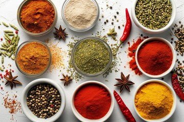 assortment of spices in small bowls spread on the table