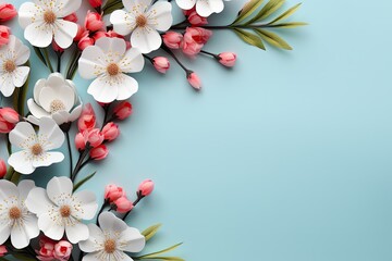 White and Pink Paper Cut Spring Flowers on Light Blue Background. Perfect for Greeting Cards,...
