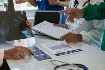 Medical meeting and laptop for office team to discuss Brainstorming and Planning Doctors, nurses,...