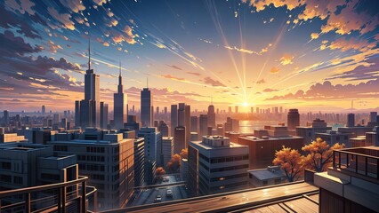 アニメ背景_山から見る東京の夕日_02