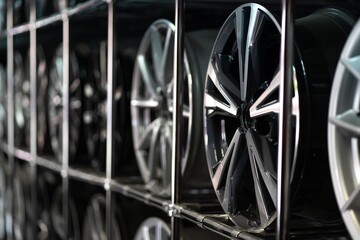 Close-up of high-quality new metal alloy cast wheels of different diameters on racks in a warehouse of a shop, the store or in the workshop