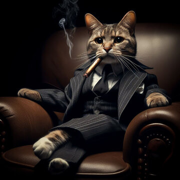 A cat dressed in black suit sits in leather armchair, smokes cigar and looks at camera. AI generated image.