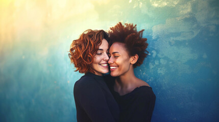 Happy lesbian couple in love LGBT concept women romantic relationship multiracial family together