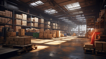 Illustration warehouse interior featuring shelves, pallets, and boxes