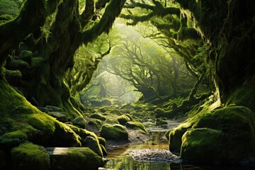 Sunlight filters through ancient trees in a moss-covered forest