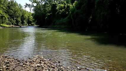 Peaceful Genesee River flowing through lush green countryside landscape with green fields and tree with sunshine