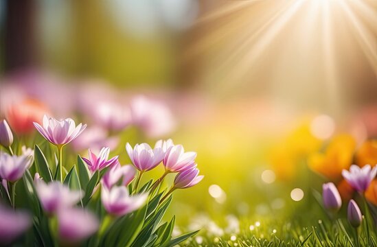 Spring background with flowers, blurred bokeh, free place for text. Greeting card for spring holidays. Template for Birthday, Women's Day, Mother's Day. Floral picture.