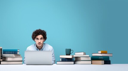 Gesture of sitting at the desk with laptop and books in the room