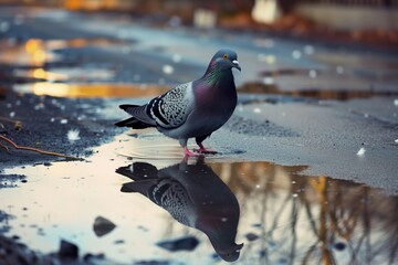 pigeon with ruffled feathers in an urban street puddle
