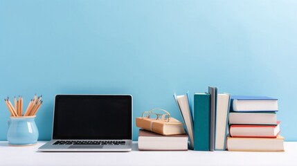 A laptop computer is placed on a desk beside a stack of books