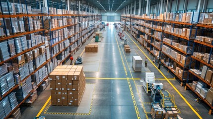 The bustling distribution warehouse hums with activity as warehouse workers diligently prepare freight for transportation.