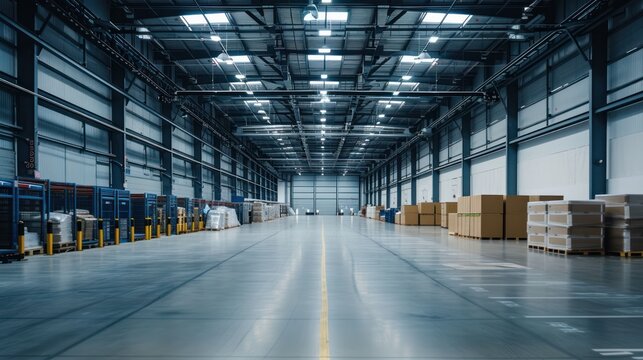 The bustling warehouse hummed with activity as uniformed warehouse workers efficiently maneuvered pallets of freight for distribution.